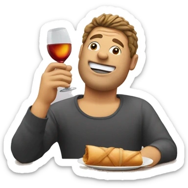 Guy drinking wines and eating egg roll sticker