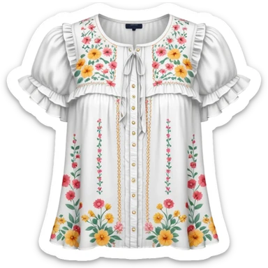 White very short sleeved floral ruffle blouse sticker