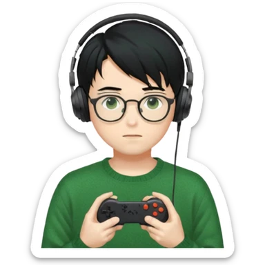 
gamer, Gorgeous green sweater black hair anime style shojo guy glasses, headphone, gamepad sticker