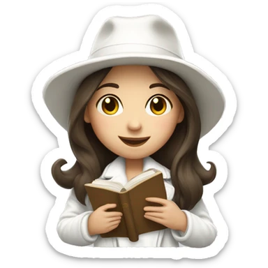 brunette girl in a white jacket in a white hat hugs a book sticker