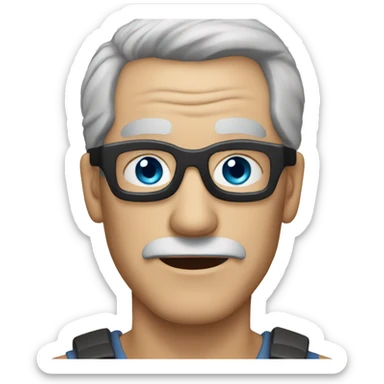 An old man with short grey hair, blue eyes, and a robber mask sticker
