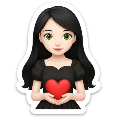 Pale girl with long black hair and olive green eyes soft smile wearing black dress and holding a heart sticker