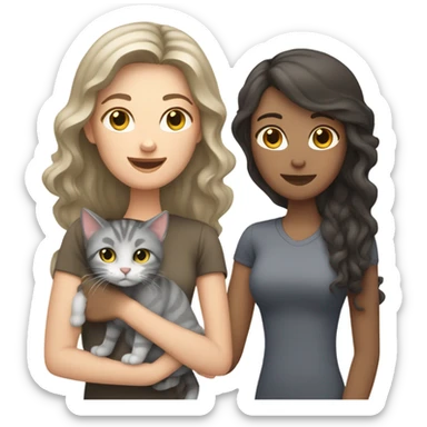 Family emoji, one white woman with straight dark brown hair holding a grey tabby cat,  one white woman with curly long dark hair holding a dark grey cat sticker