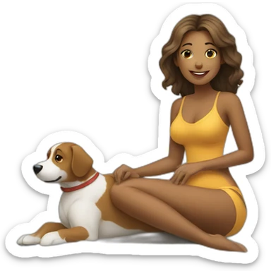 a woman sitting on the beach with a dog sticker