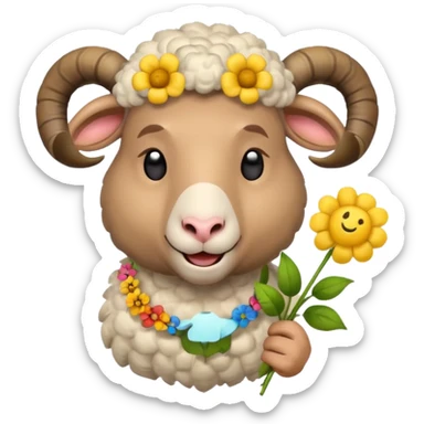 Sheep man with a smiley face emoji head and ram horns holing a flower sticker