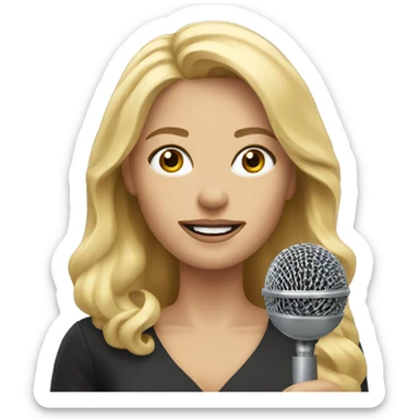 Blonde woman news reporter with microphone sticker