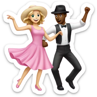 A white girl dancing in a pink dress with a white guy dancing in a pink hat sticker
