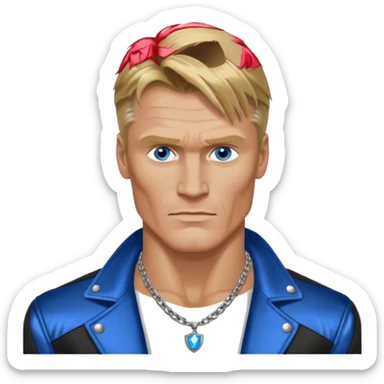 Dolph Lundgern with shirtless with necklace, blue eyes, dark blonde hair, metallic black jacket sticker