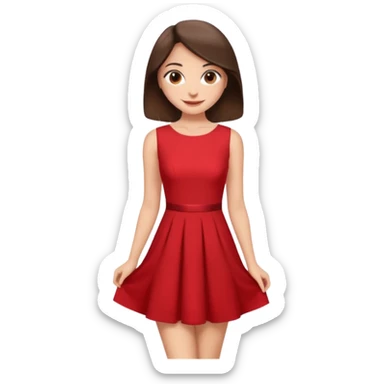 Cartoon emoji of a young brunette woman with fair-medium skin, brown eyes, wearing a red outfit. Full-height, standing confidently in a red dress  posing sexy with a smile and relaxed posture. Smooth, friendly, stylized, make up on, flirty eyes and smile sticker