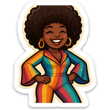 Create an emoji of a female African American in 1970s disco style with a pose with both hands on hips, joyful expression, afro hairstyle, and a colorful disco jumpsuit inspired by the reference. sticker