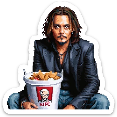 Johnny Depp sitting in a KFC bucket, long hair, goatee sticker