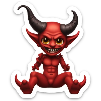 Red horned Satan doll swinging legs falling off a shelf  sticker