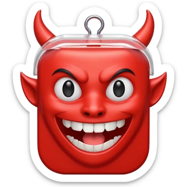A package of dental floss with a smiling horny devil face  sticker