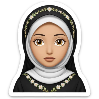 Make a emoji of a Muslim girl wearing a white hijab and makeup on her face, with only her eyes visible and her full body covered in an abaya or burqa. sticker