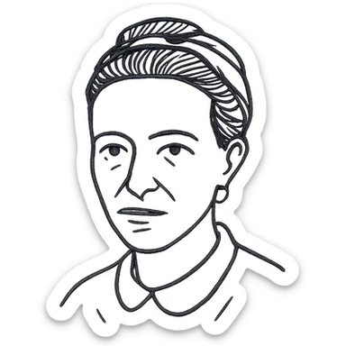 a hand drawn black outline portrait of philosopher Simone de Beauvoir with similar-sized eyes based a famous photograph of her sticker
