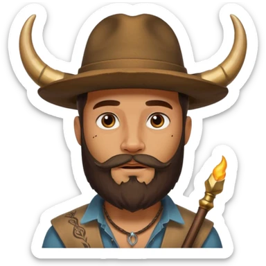 Bearded figure — large brown hat with horn, tattoo on face sticker
