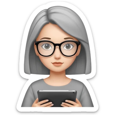 girl in a light gray dress and black square glasses studying with an Ipad. sticker