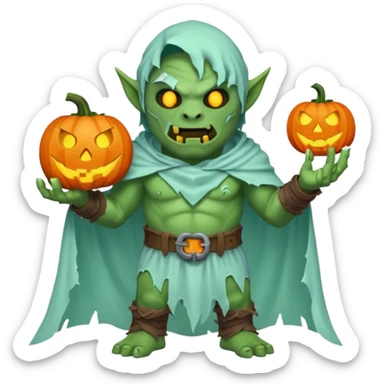 male orc warrior ghost emoji, green skin, tusks, wearing torn white ghost sheet costume, holding glowing jack-o'-lantern, faint blue aura, friendly but spooky expression, Halloween fantasy theme, Apple emoji style, clean white background, square sticker