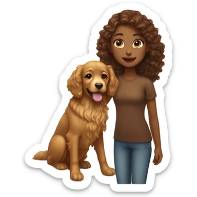 Tan skinned girl with  long brown curly hair with a golden retriever puppy sticker