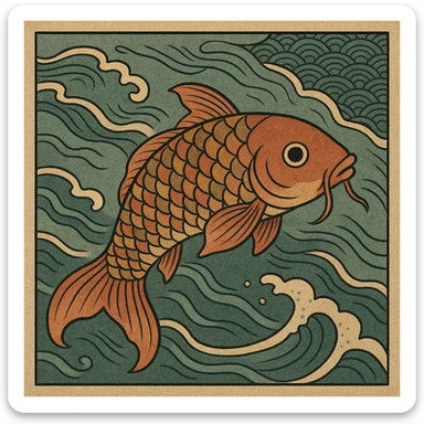 ukiyo-e style illustration of a koi fish swimming sticker