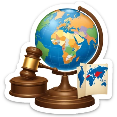 An icon featuring a globe with a gavel and a political map, symbolizing political science. The design includes a ballot box and a podium, representing democracy and governance. Transparent background highlights the study of political systems and global relations. sticker