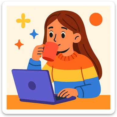 young 20-year-old woman with long straight brown hair, wearing a sweater, drinking coffee and working on a laptop, colorful cartoon style, light background sticker