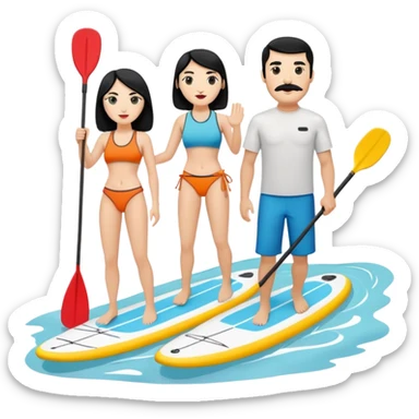 Make a couple paddle boarding both white skin and black hair and the guy has a black mustache, both in the same paddle board sticker