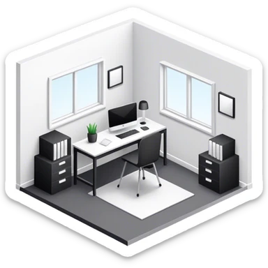 An isometric 3D room with two white walls that meet at the back left and right and a single Window. Black and White Home Office Room sticker
