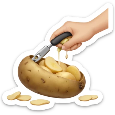 hand peeling a potato with a small kitchen peeler, potato skin curling off, simple white background, realistic textures, clean and bright, fun expressive design



 sticker