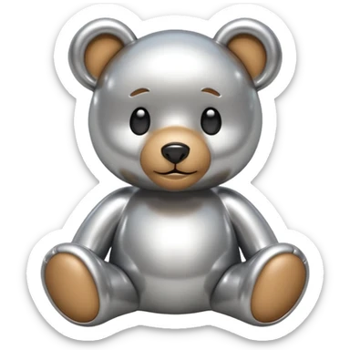 A cute teddy bear emoji made of liquid silver chrome, smooth rounded body, glossy metallic surface, soft reflections, friendly proportions, iOS emoji style, centered, clean white background sticker