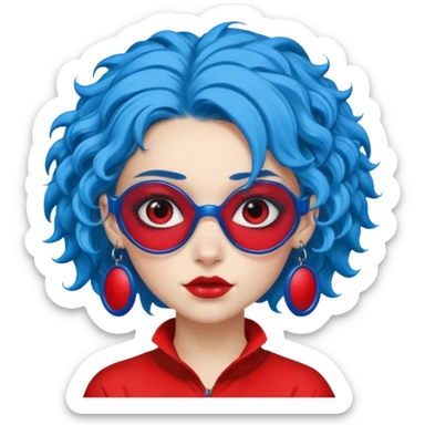 blue curly haired girl with huge earrings, wearing red paintball eye protection, only face  sticker