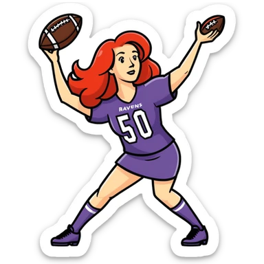 Make a sticker of a 50 year-old attractive woman throwing a football. She has long red hair and she’s saying go ravens sticker