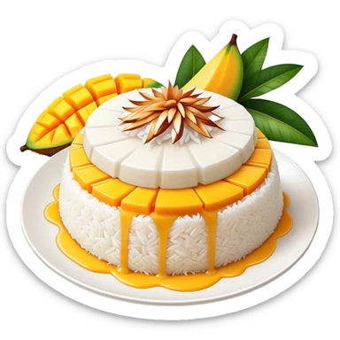 Mango Sticky Rice Cinematic Realistic Mango Sticky Rice Dessert Emoji, depicted as sticky rice drizzled with coconut milk topped with a layer of coconut cream, accompanied by sliced mango on the side of the plate, rendered with vivid textures and warm, tropical lighting. sticker
