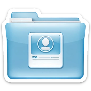 A simple emoji-style icon of a transparent plastic folder, clean and minimal, with rounded corners, subtle translucency, soft shading, and a small official documents symbol representing birth certificate, and SS. sticker