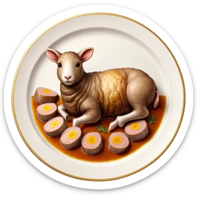 Roast Lamb Cinematic Realistic Roast Lamb Dish Emoji, depicted as thinly sliced roast lamb arranged artfully on a plate, rendered with rich textures and warm, inviting lighting. sticker