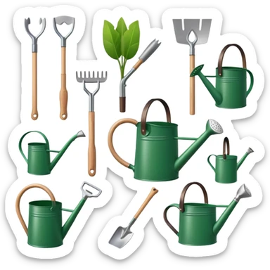 gardening tools collection with shovel rake watering can sticker