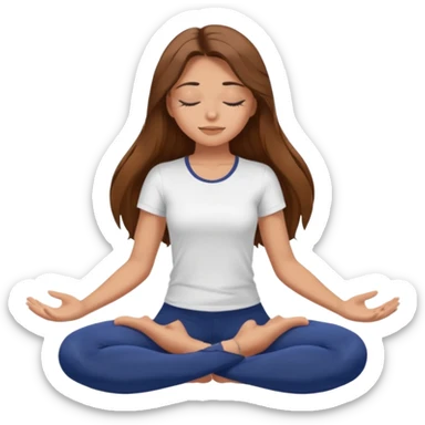Brown long haired girl with closed eyes in dark blue leggings and a white t-shirt sits on the splits sticker
