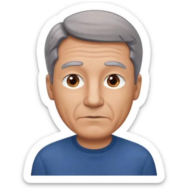create an emoji of a man with wrinkles, oval face. he has an American look, a few grey hairs and brown hair, brown eyes, slightly tanned skin, natural lips. he wears a short sleeve dark blue shirt sticker