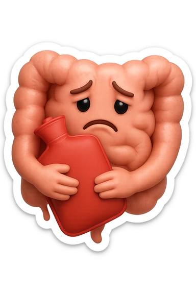 emoji stile iphone di un intestino che si tiene la borsa dell'acqua calda al centro, espressione di tristezza in volto, iperrealistico 4k sticker