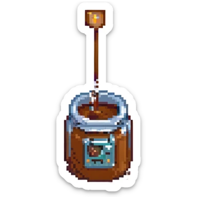 8-bit pixel art emoji, IV bag filled with brown coffee in a coffee cup connected sticker