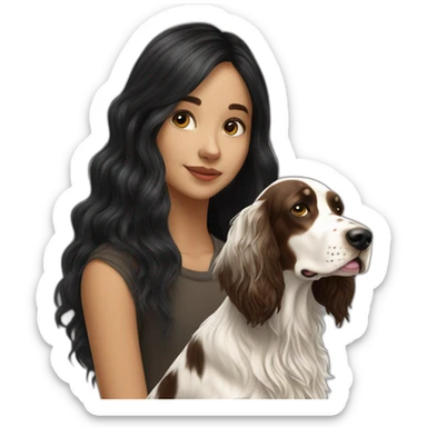 hyperrealist caucasian girl black long hair with brown english setter dog sticker