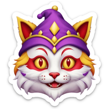 crazy colorful cute little cat jolly joker from poker, medieval, vintage, court jester, mac os icon, purple, yellow and red color, half body sticker