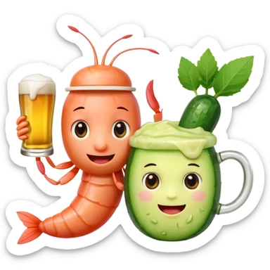 Emoji-style food mascots, NOT human.
Two cute shrimp characters, simple cartoon faces, big round eyes, small smiles.
One shrimp holding a beer mug with foam, the other holding an aguachile bowl with cucumber and chili.
Flat + soft 3D style, clean shapes, no human facial details, no realistic skin.

 sticker
