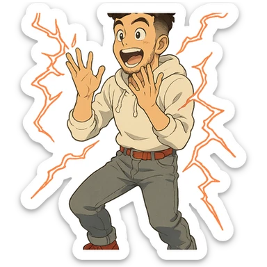 1 male, mid fade haircut dark chestnut brown curly hair, toasted lightskin, white hoodie sleeves up, gray fashion jeans, red fashion-sneakers shoes, red belt, short trimmed beard and goatee,  style of deku from "my hero academia",  doing a "i adore that!" exclaimation pose with red electricity sticker