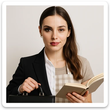 4K hyper realistic split-image of a beautiful woman: left side with dramatic makeup, sleek hair, business suit, holding a briefcase; right side natural, hair down, kitchen apron, holding a cookbook, gentle expression, symmetrical, white background, clear contrast sticker