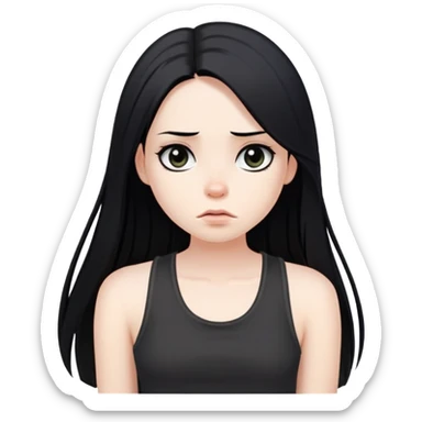 girl with long straight black hair, pale skin, dark eyes, black tank top, bored expression sticker