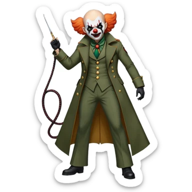 evil clown, bald, small black horns on forehead, fangs, pointed ears, eye patch over one eye, long coat over black and military green leisure suit with bellbottom pants, tail, holding a different style of whip, realistically proportioned, less bulky, full body, battle-ready, fighting posture sticker