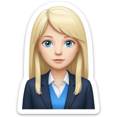 450 yr old white woman, pale skin, long straight blond hair parted in center, blue eyes, bangs, clothes for office sticker