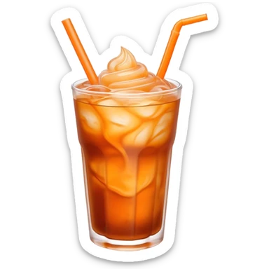 Cinematic Realistic Thai Ice Tea Drink Emoji, depicted as a chilled glass of sweet, creamy iced tea rendered with vivid textures and refreshing, dynamic lighting. sticker