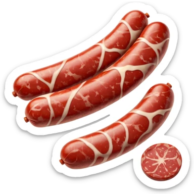 short cured sausage with dusty white casing, sliced at one end to show marbled red meat and fat, a few round slices beside it, no extras, soft lighting, subtle shadows, emoji scale sticker